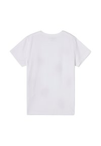 Hvid bomuld t-shirt med korte ærmer, rund hals og en glat tekstur. På ryggen er der minimal branding i en diskret print.