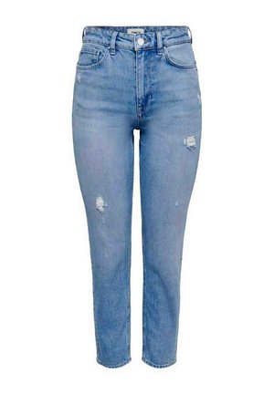 High-waisted blue denim jeans with a relaxed fit, featuring distressed details and a button closure. Classic five-pocket design.