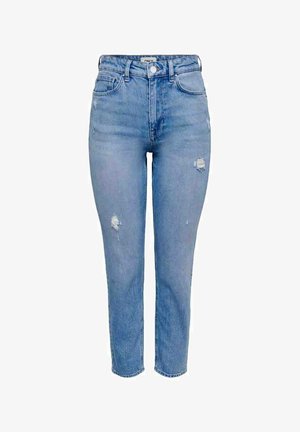 High-waisted blue denim jeans with a relaxed fit, featuring distressed details and a button closure. Classic five-pocket design.