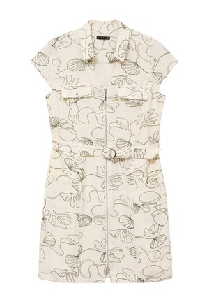 Cremefarbenes Kleid mit kurzen Ärmeln, Kragen, vorderem Reißverschluss, zwei Brusttaschen, Gürtel mit Schnalle und abstrakten schwarzen botanischen Linienmustern.