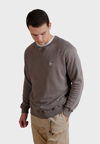 Faded brown sweatshirt with ribbed cuffs and hem, features a textured fabric and a small logo on the chest. Worn with beige pants.