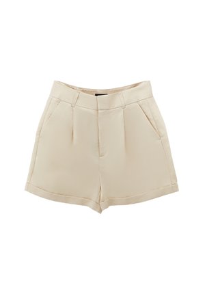 Beige op maat gemaakte shorts met een vlakke voorkant, twee zijzakken en een licht gestructureerd ontwerp. Glad textuur en omgeslagen zoom.