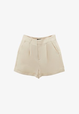 Beige op maat gemaakte shorts met een vlakke voorkant, twee zijzakken en een licht gestructureerd ontwerp. Glad textuur en omgeslagen zoom.