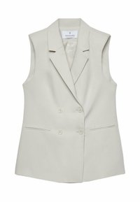 Beżowa bezrękawnikowa marynarka dwurzędowa z klapami i dwiema przednimi kieszeniami z weluru.