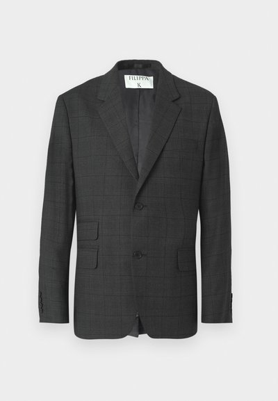 Gray plaid blazer made of textured fabric, featuring a notched collar, two buttons, and flap pockets on the front.