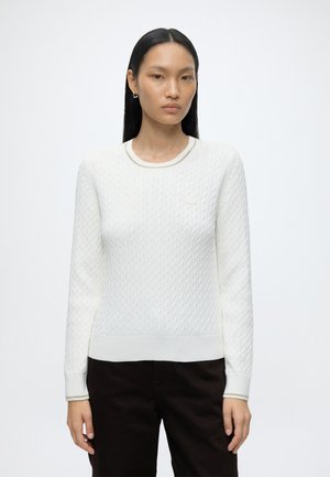 Femme aux cheveux noirs et raides portant un pull à torsades blanc et un pantalon noir, debout devant un fond blanc uni.