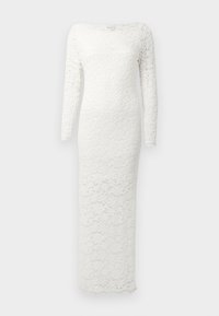 Rochie albă din dantelă cu mâneci lungi, având o siluetă ajustată, cu un model floral și un tiv ondulat. Textură netedă pe întreaga suprafață.