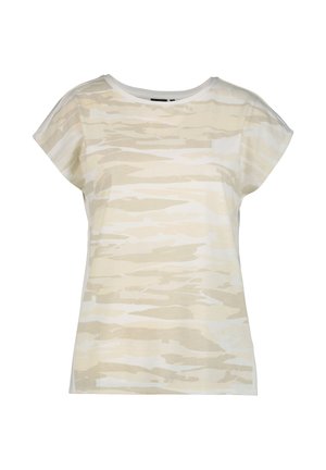Damska koszulka z krótkim rękawem z beżowym i białym abstrakcyjnym poziomym wzorem w paski oraz okrągłym dekoltem na białym tle.