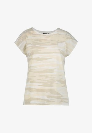 Camiseta de mujer de manga corta con patrón abstracto de rayas horizontales en beige y blanco y escote redondo sobre fondo blanco.