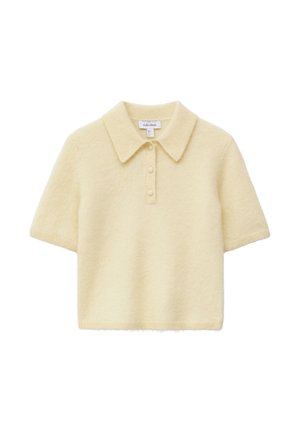 Kurzärmliges, hellgelbes Strickpolo mit klassischem Kragen und drei Knöpfen. Weiche Textur mit gerippten Bündchen und Saum.