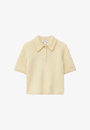 Kurzärmliges, hellgelbes Strickpolo mit klassischem Kragen und drei Knöpfen. Weiche Textur mit gerippten Bündchen und Saum.