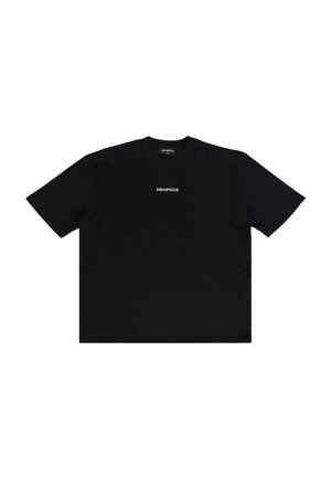 T-shirt noir à manches courtes en coton, avec un col rond et un petit logo blanc "DROPSIZE" imprimé sur la poitrine.
