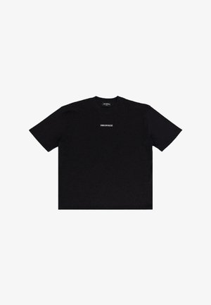 Black short-sleeve t-shirt made of cotton, featuring a crew neck and a small white "DROPSIZE" logo printed on the chest.