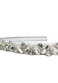 Crystal-embellished headband featuring oval and teardrop clear gemstones on a thin white fabric band, smooth texture, sparkling accents.