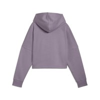 Sudadera corta morada con capucha espaciosa, mangas anchas y puños de canalé. Textura suave con un diseño minimalista.
