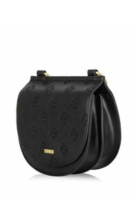 Czarna skórzana torebka z wytłaczanym wzorem w diamenty, o zakrzywionym kształcie, z złotymi akcentami i jednym paskiem. Gładka faktura z wyraźnie zarysowanymi bokami.