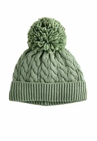 Bonnet en tricot de couleur vert clair, avec un design en cable texturé, un ourlet côtelé et un grand pompon sur le dessus. Matériau doux et confortable.