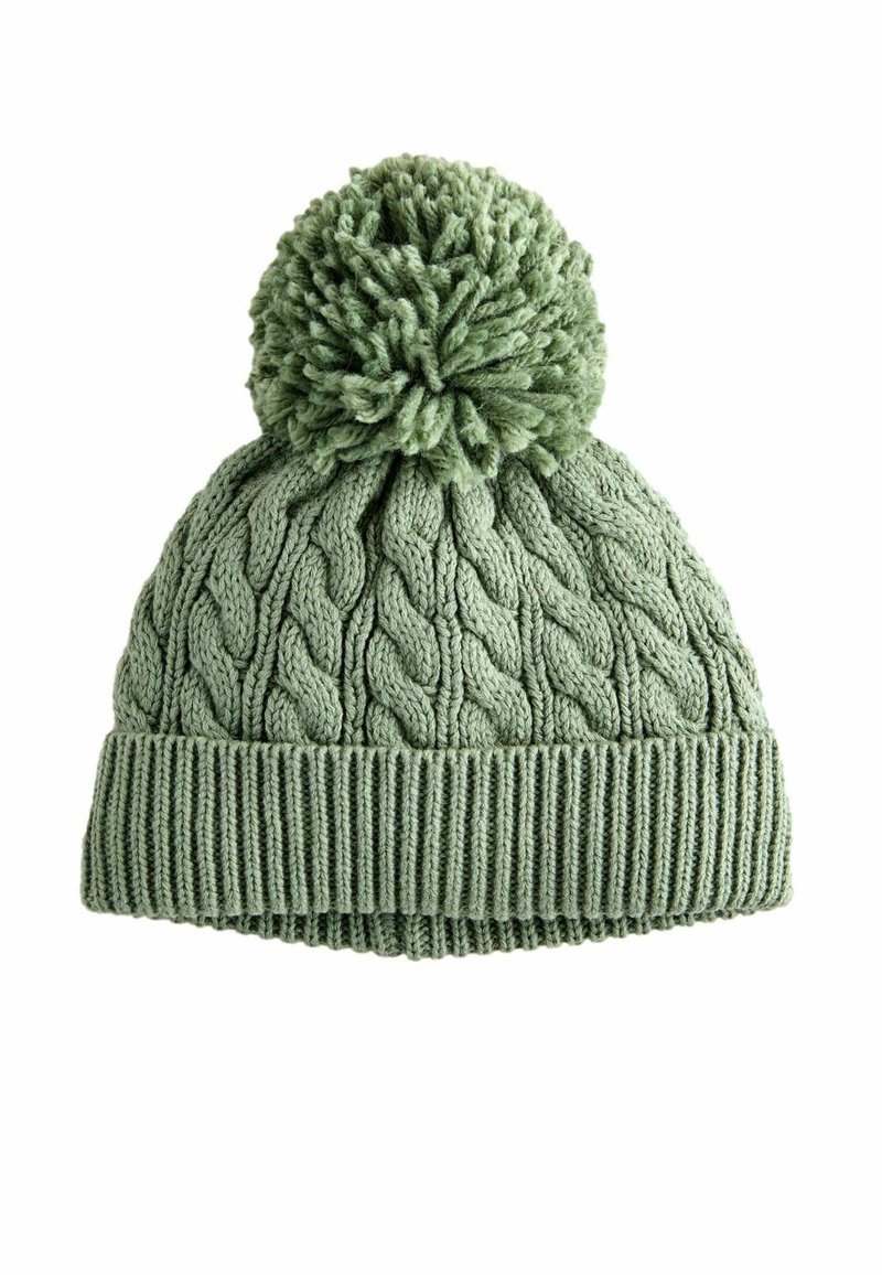 Bonnet en tricot de couleur vert clair, avec un design en cable texturé, un ourlet côtelé et un grand pompon sur le dessus. Matériau doux et confortable.