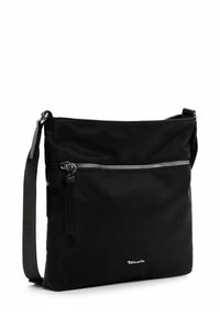 Black nylon crossbody bag with a front zip pocket, adjustable strap, and logo detail at the bottom. Smooth texture and rectangular shape.