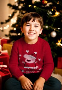 Maglione rosso lavorato a maglia con un'immagine di un personaggio dei cartoni animati con un cappello di Babbo Natale, circondato da fiocchi di neve e il testo "MERRY".