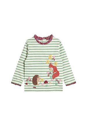 Langärmliges grün-weiß gestreiftes Hemd mit einem rüschigen pinken Kragen, das mit einem gestickten Igel, Eichhörnchen, Blumen und Pilzen verziert ist.