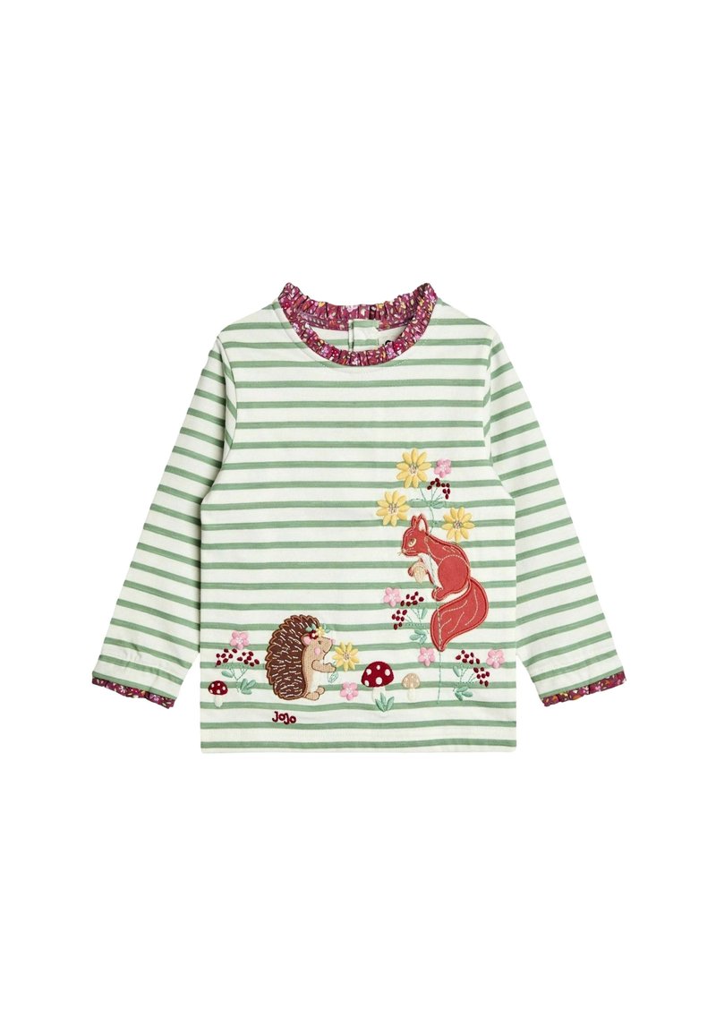 Hosszú ujjú, zöld és fehér csíkos ing, fodros rózsaszín gallérral, hímzett sünivel, mókussal, virágokkal és gombákkal.