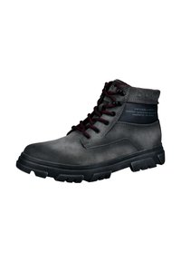Dunkelgraue Leder-Schnürstiefelette mit rutschfester schwarzer Sohle und roten Akzent-Schnürsenkeln, die mit gesteppten Details und geprägtem Branding verziert ist.