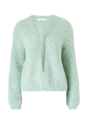 Hellgrüner, strukturierter Strick-Cardigan mit langen Ärmeln und tiefem V-Ausschnitt, liegend ohne Knöpfe oder Verschlüsse gezeigt.