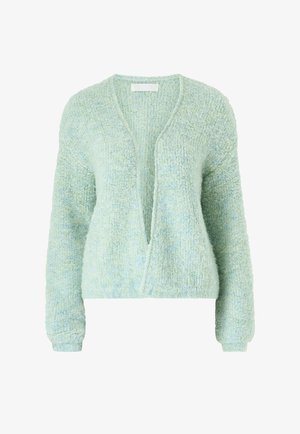 Hellgrüner, strukturierter Strick-Cardigan mit langen Ärmeln und tiefem V-Ausschnitt, liegend ohne Knöpfe oder Verschlüsse gezeigt.