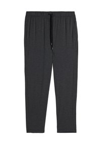 Donkergrijze sweatpants gemaakt van zachte stof, met een elastische tailleband met een trekkoord, zijzakken en taps toelopende benen.