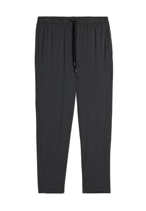 Dunkelgraue Sweatpants aus weichem Stoff, ausgestattet mit einem elastischen Bund und Kordelzug, seitlichen Taschen und schmal zulaufenden Beinen.