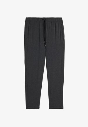 Dark gray sweatpants made from soft fabric, featuring an elastic waistband with a drawstring, side pockets, and tapered legs.