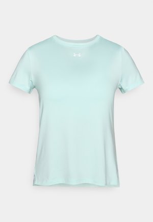 T-shirt de sport vert menthe à manches courtes, col rond, texture lisse, avec le logo Under Armour blanc sur la poitrine.