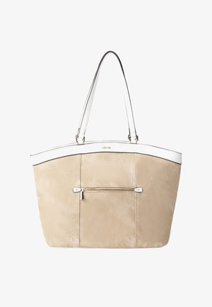 Beige Tragetasche mit weißem Besatz und Griffen, Front-Reißverschlusstasche und kleinem goldenem Logo über dem Reißverschluss.