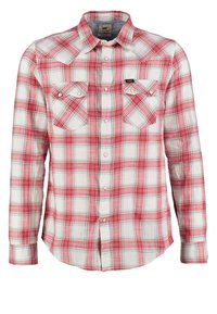 Chemise pour homme à manches longues avec motifs à carreaux rouges et blancs, deux poches poitrine boutonnées et col de chemise.