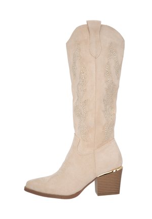 Beige suede cowboy boot with embroidered detailing and small sparkles. Features a square toe and a short, stacked, gold-accented heel.