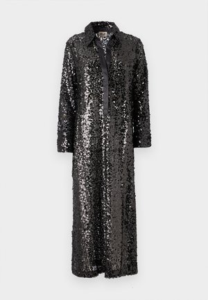 Black sequin long shirt dress with a collared neckline and button-down front, featuring long sleeves and a smooth satin trim.