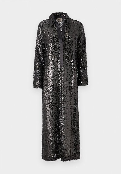 Black sequin long shirt dress with a collared neckline and button-down front, featuring long sleeves and a smooth satin trim.