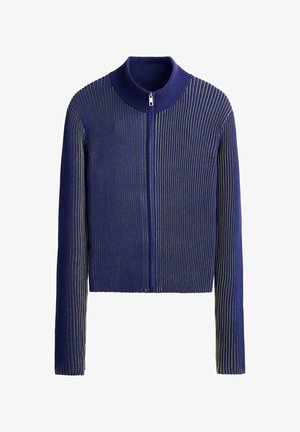 Marineblauwe ribgebreide jas met rits, hoge kraag en lange mouwen met dunne verticale witte strepen.