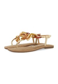 Sandales plates beiges avec une semelle en daim, dotées d'une bride décorative en chaînes de couleur jaune, orange et rouge ; bride de cheville réglable.