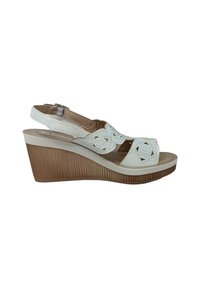 Sandali wedge bianchi con motivo floreale ritagliato, cinturini testurizzati e una soletta liscia beige; una base marrone rigata per una presa sicura.