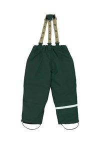 Pantalones impermeables verdes con tirantes beige ajustables, cintura elástica y franja reflectante blanca cerca de los puños. Tejido texturizado.