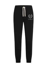 Pantaloni de trening negri cu manșete elastice, talie cu șnur și un logo brodat alb cu un design de laur pe coapsa superioară.