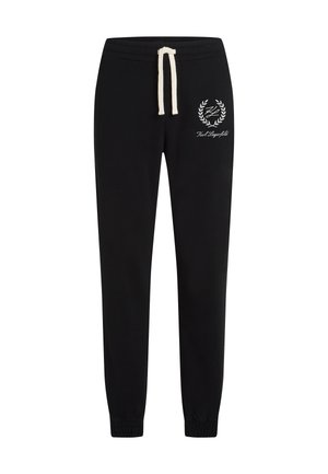 Schwarze Jogginghosen mit elastischen Bündchen, Kordelzugbund und einem weißen gestickten Logo mit einem Lorbeerdesign auf dem Oberschenkel.