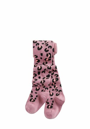 Calze rosa con stampa leopardata nera e tonalità di rosa, realizzate in un tessuto morbido con una texture liscia.