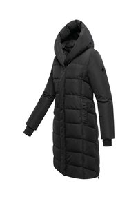 Zwarte donzen jas met een capuchon, voorzien van een doorgestikte ontwerp, zijzakken, knoopsluitingen en geribde manchetten voor extra warmte.