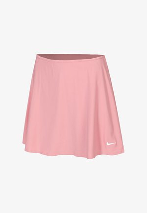 Pink athletic skirt made of lightweight fabric. Features a flared design and a white Nike logo on the lower left side.