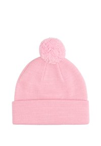 Roze gebreide beanie van zachte stof, met een omgeslagen rand en een fluffy pompons bovenop. Glad textuur met een lichtgewicht ontwerp.