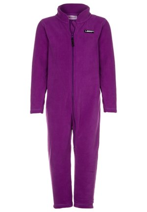 Tuta in pile viola a corpo intero per bambini con maniche lunghe, cerniera frontale e collo alto, con logo Lego sul petto.