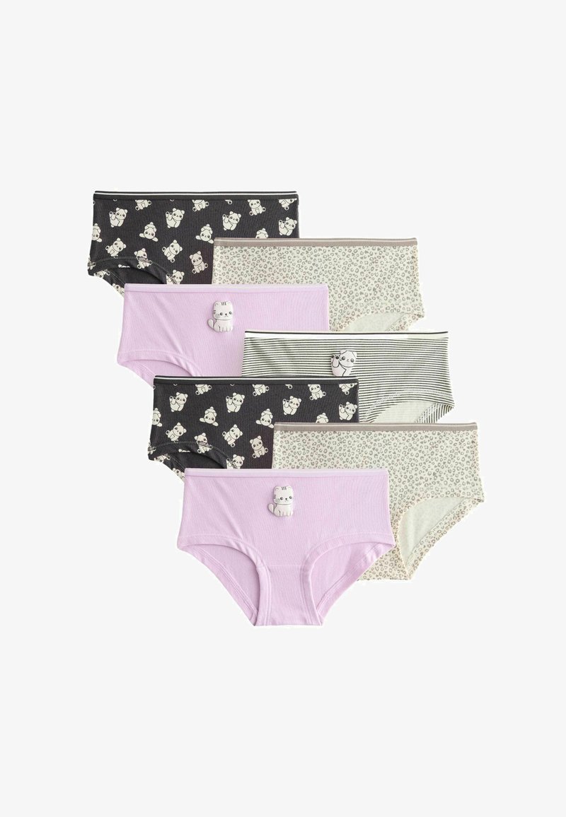 Nyolc darabos pamut alsónemű készlet különböző színekben, állatmintákkal, csíkos és virágmintás dizájnokkal. Tartalmaz világoslila darabot is kiegészítőkkel.